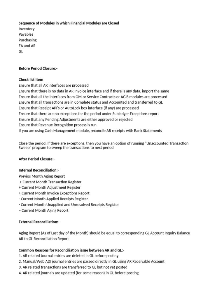 AR Period Closure Checklist | PDF