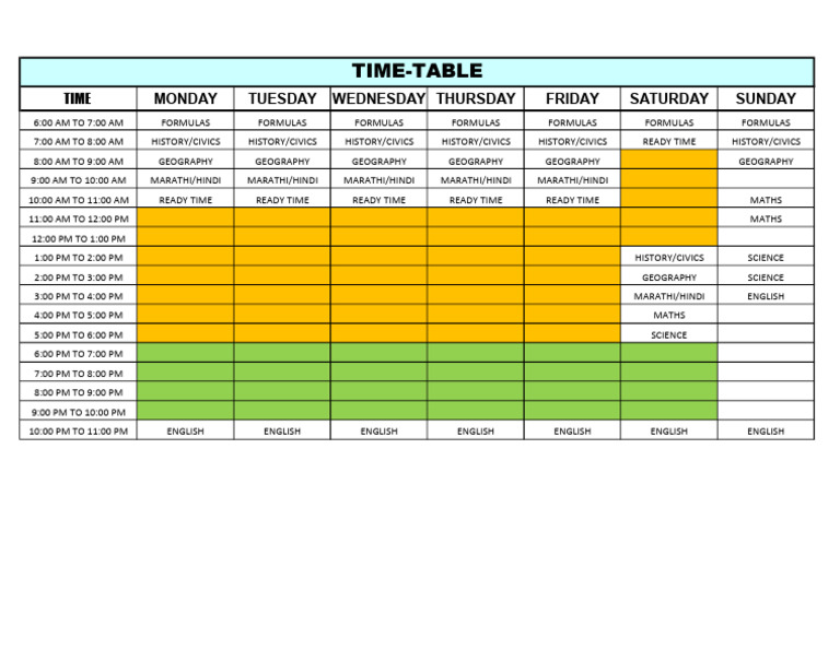 Time-Table: Sunday Friday Thursday Wednesday Tuesday Monday Saturday | PDF