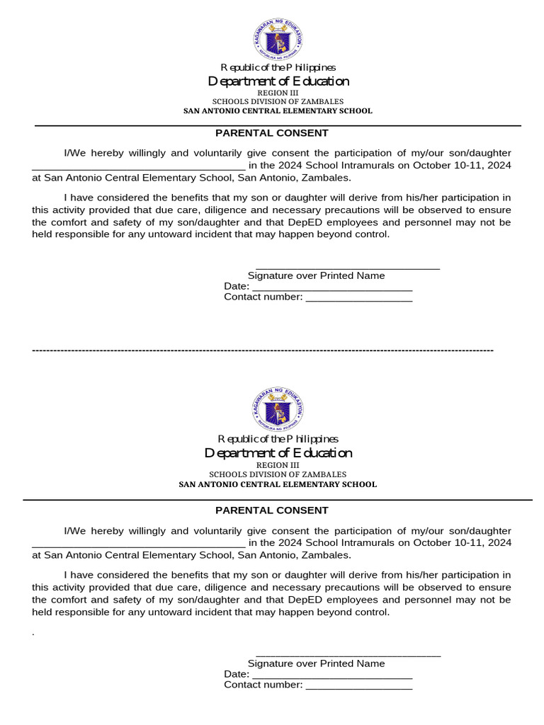 Parental Consent for 2024 Intramurals | PDF