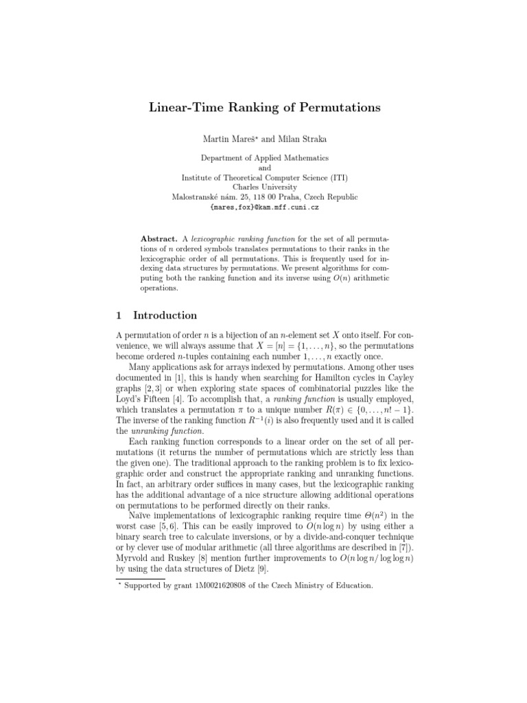 Linear-Time Lexicographic Ranking | PDF | Permutation | Time Complexity