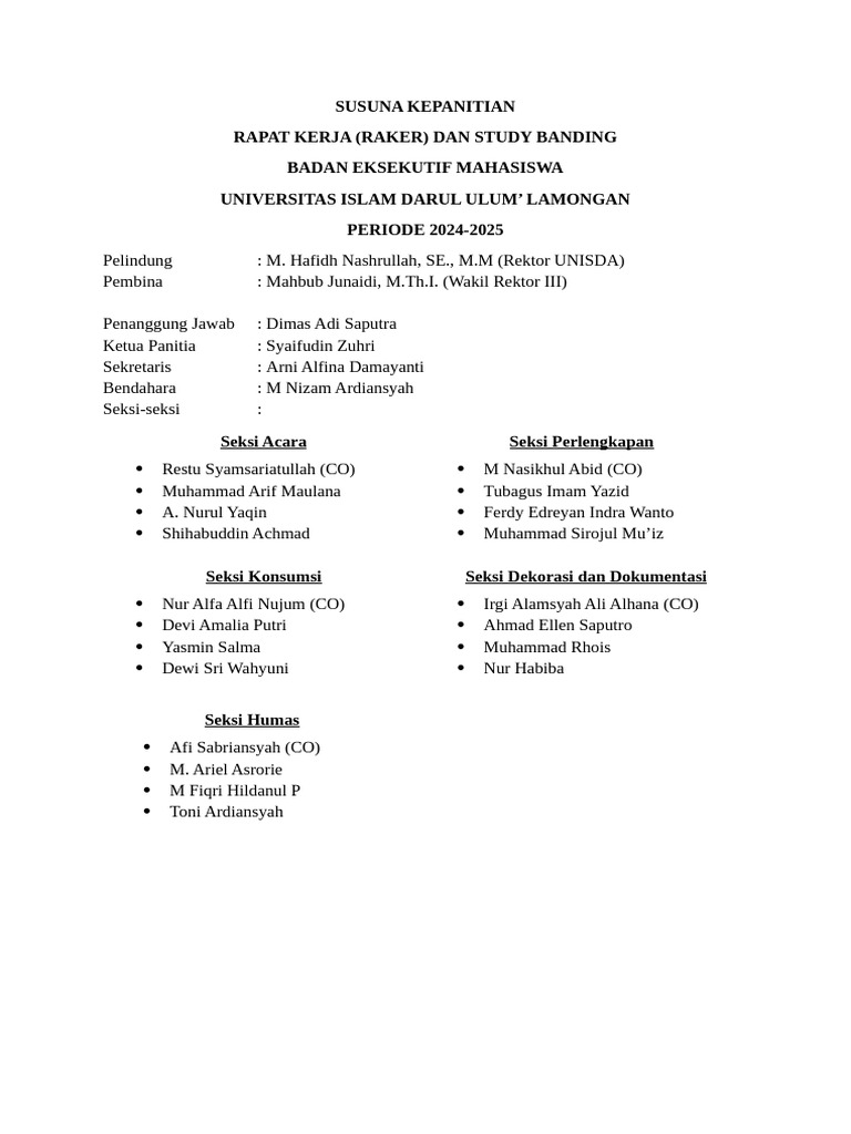 Susunan Panitia Raker BEM UNISDA 2024-2025 | PDF