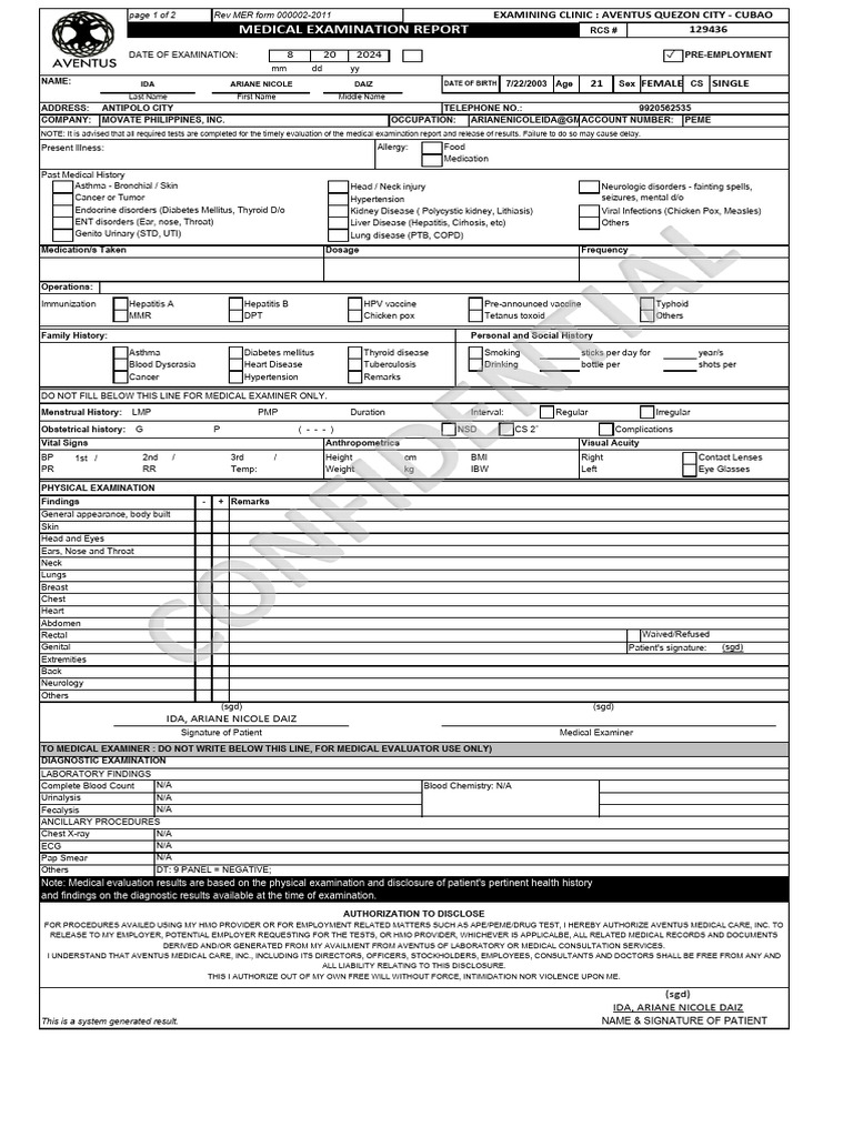 Pre-Employment Medical Examination Report | PDF | Physical Examination ...