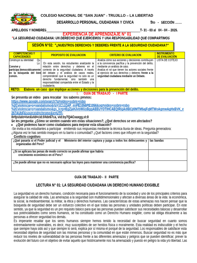 I Unidad - DPCC 5° - Sesion 2 | PDF | Valores | Derechos humanos