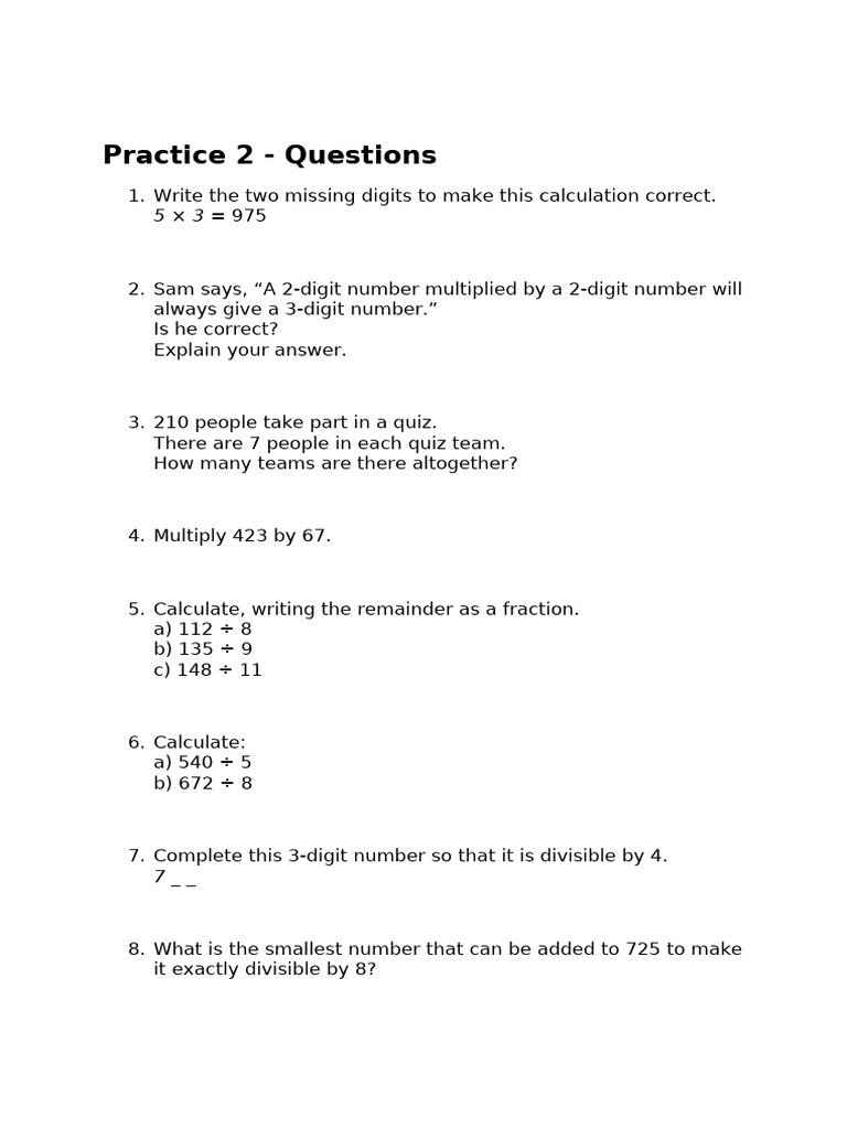 Maths Practice Questions - Unit 11 - Practice 2 | PDF