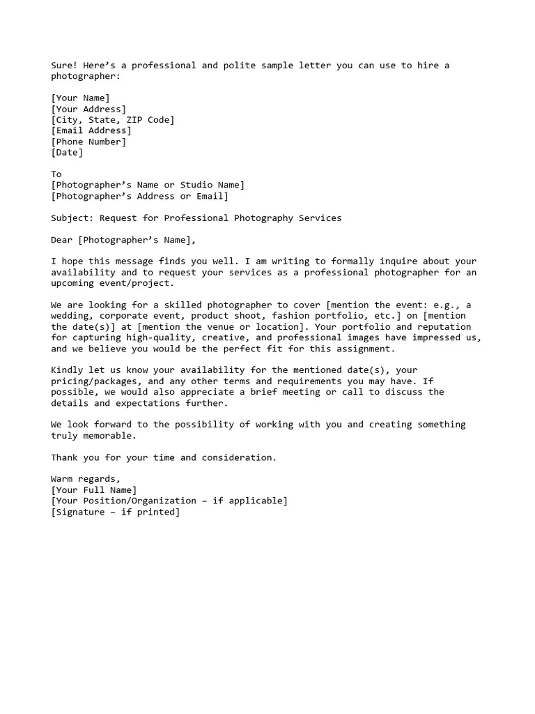 Photographer Service Request Letter | PDF