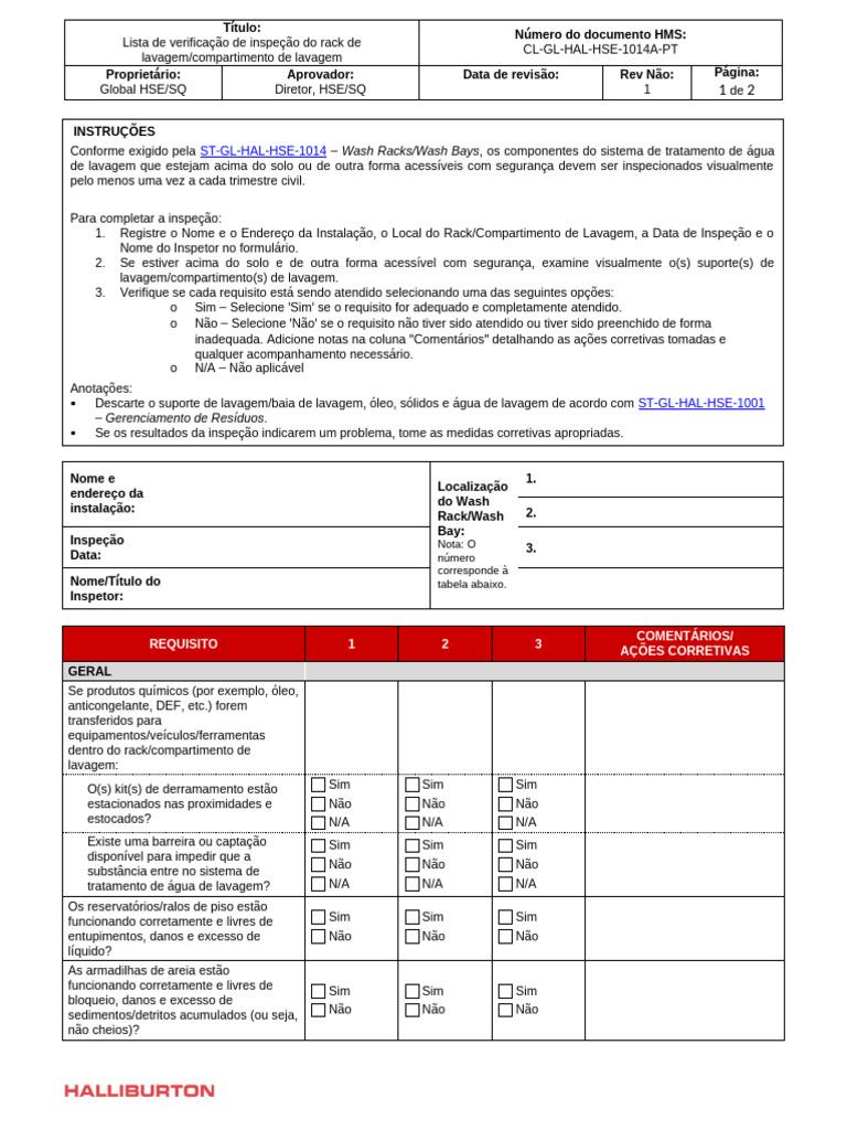 Inspeção de Rack de Lavagem: Checklist | PDF