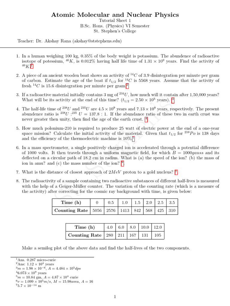 Radioactive Physics Tutorial Sheet | PDF | Radioactive Decay | Chemical ...