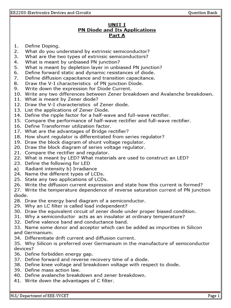Electronic Devices and Circuits Question Bank PDF | PDF | Field Effect ...