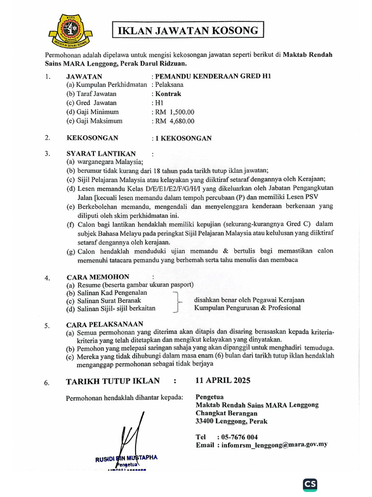 Iklan Jawatan Kosong Pemandu Kenderaan | PDF