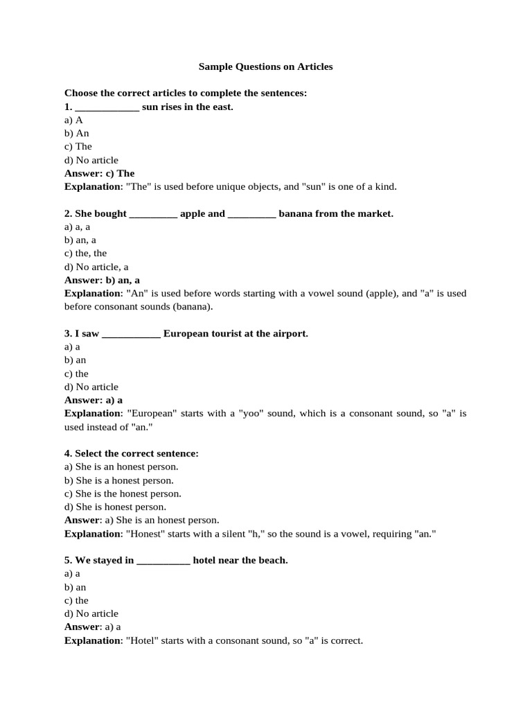 9 Sample Questions On Articles | PDF