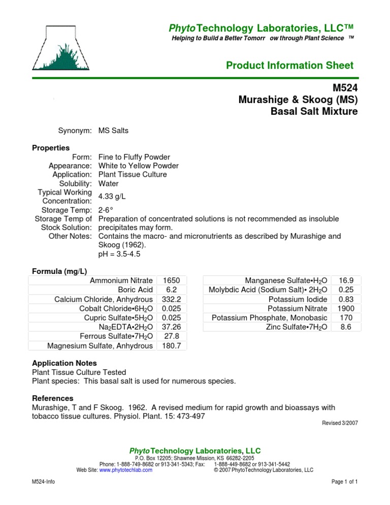 MS Basal Salt Mixture Overview | PDF | Cooking, Food & Wine ...