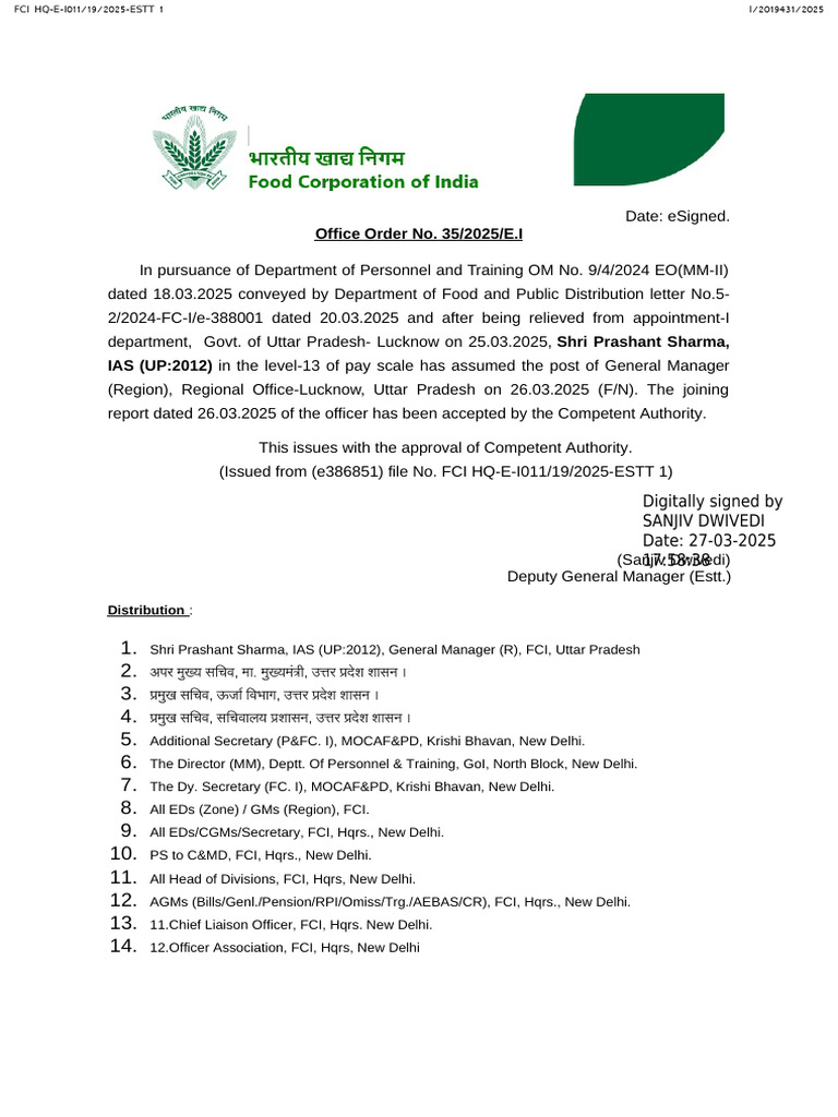 Prashant Sharma IAS: New FCI GM Lucknow | PDF | Government | Public ...