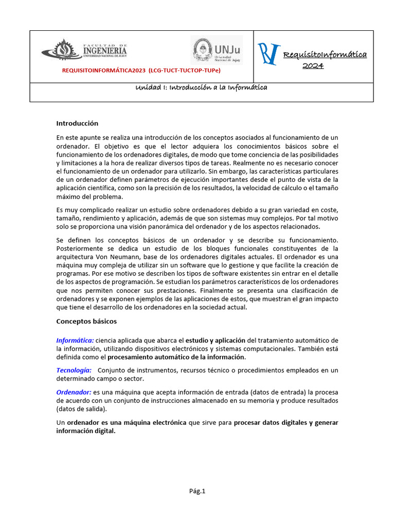 Introducción a la Informática 2024 | PDF | Hardware de la computadora ...