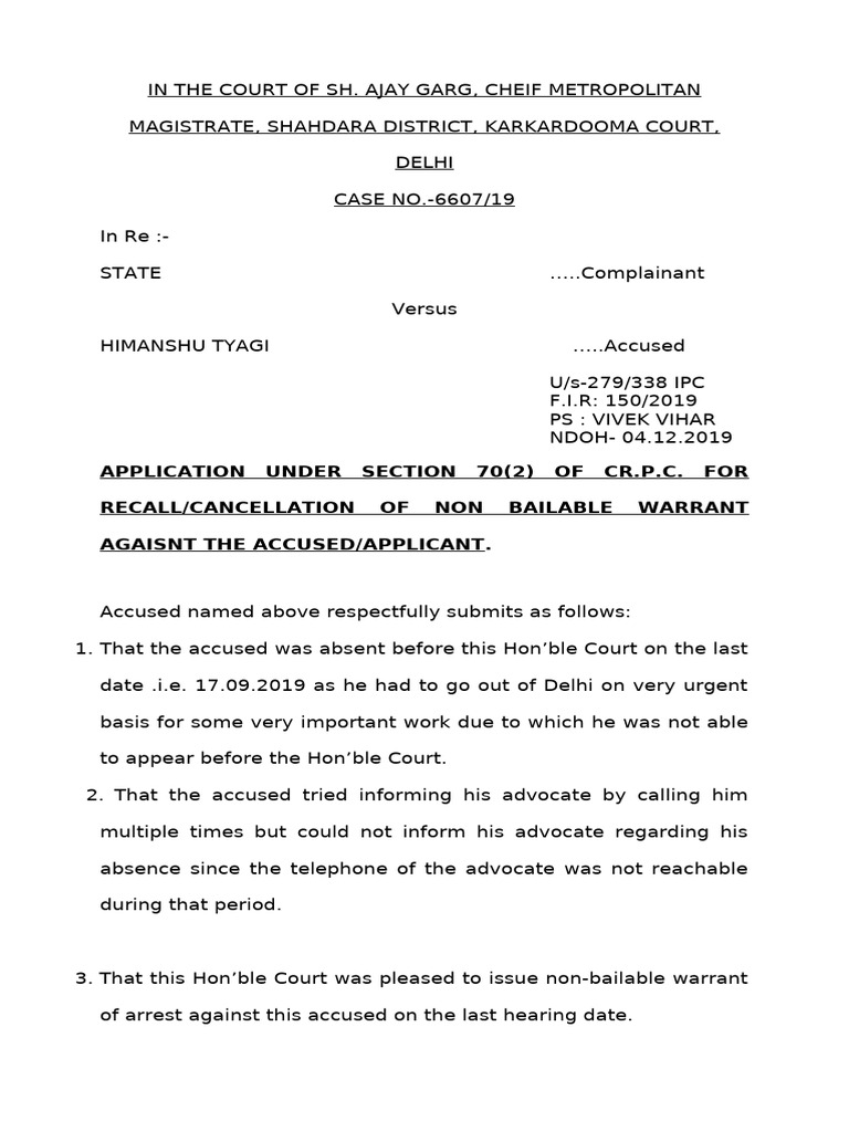 NBW Cancellation Application Format | PDF | Bail | Justice
