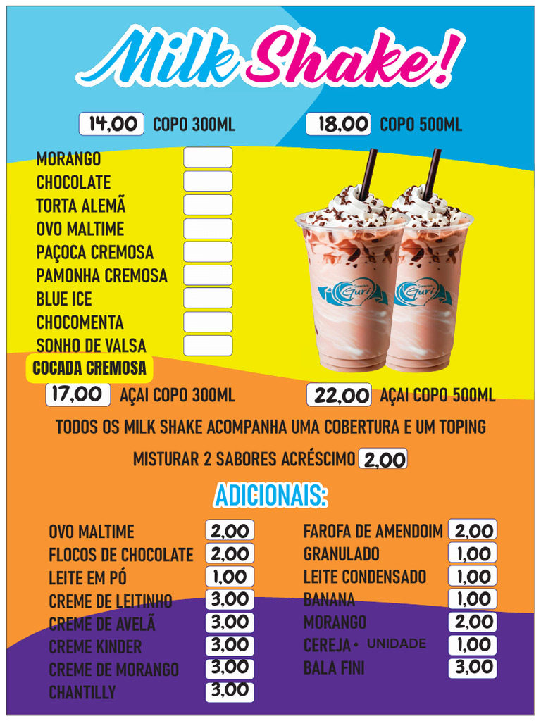 cardapio milkshake 2024-2025 | PDF