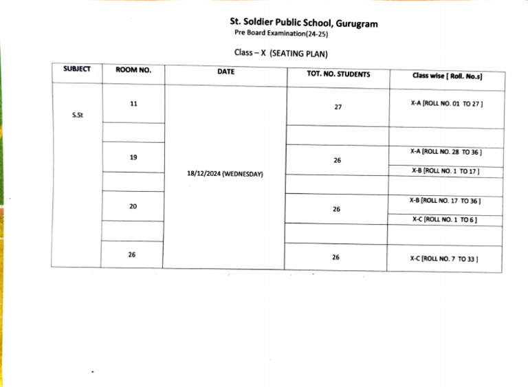 Class X Pre Board Exam Seating Plan | PDF