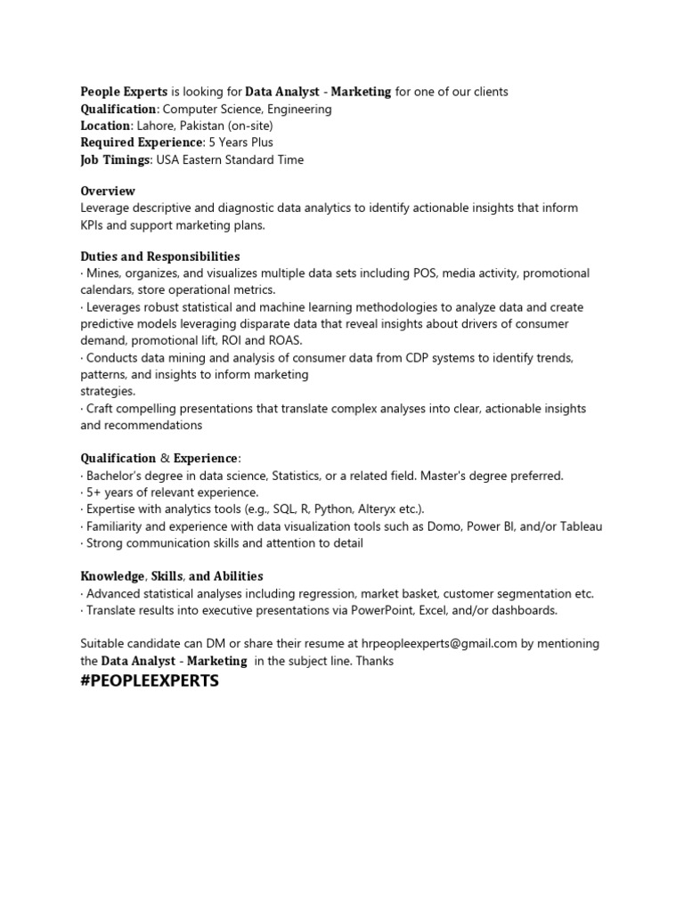 Picture of Data Analyst - Marketing Job in Lahore | PDF