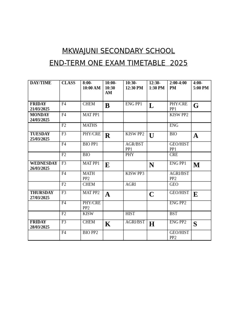 Mkwajuni School End-Term 1 Exam Timetable 2025 | PDF