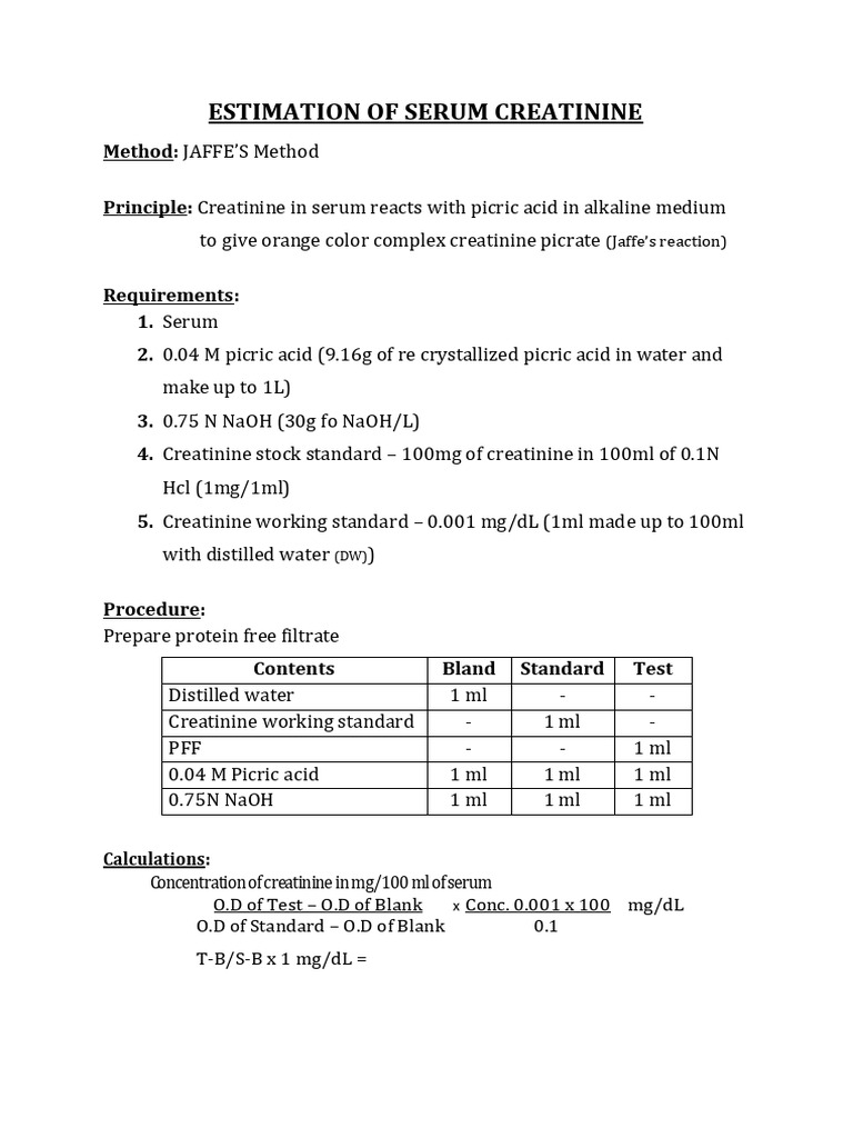 Jaffe Method for Serum Creatinine Estimation | PDF