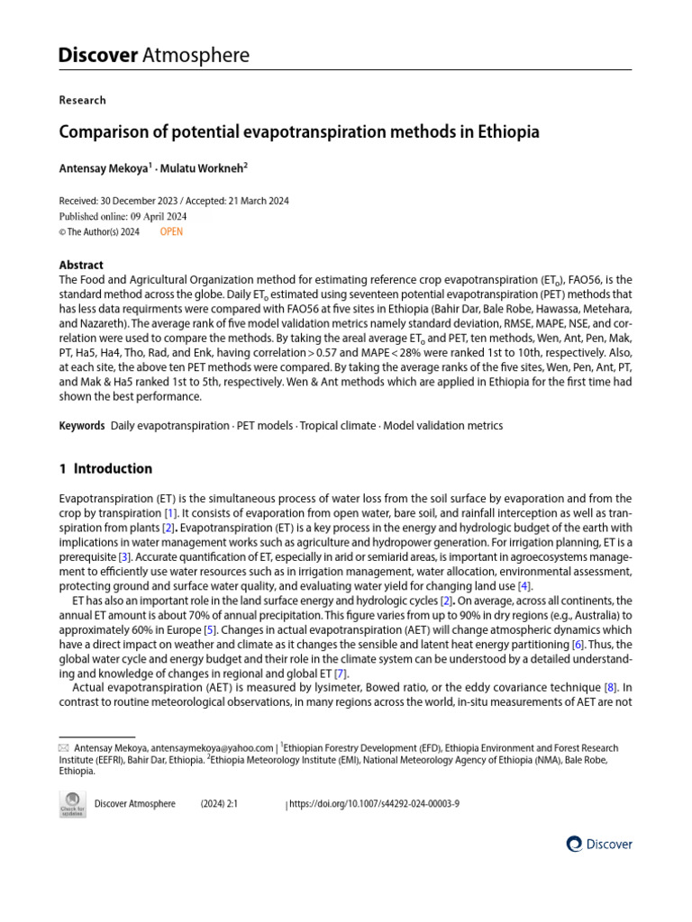 Comparison of Potential Evapotranspiration Methods in Ethiopia | PDF ...