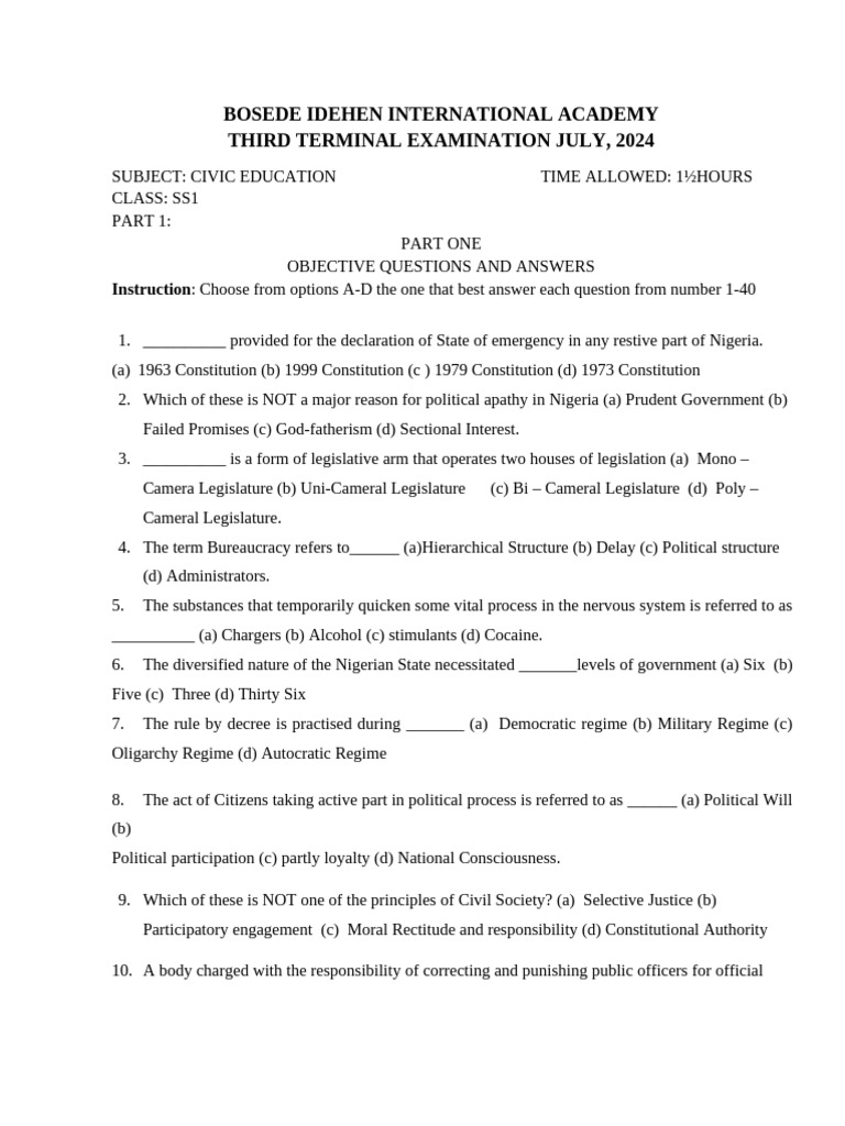 3rd Term Exam 2024 SSS 1 CIVIC EDUCATION Paper | PDF | Democracy ...