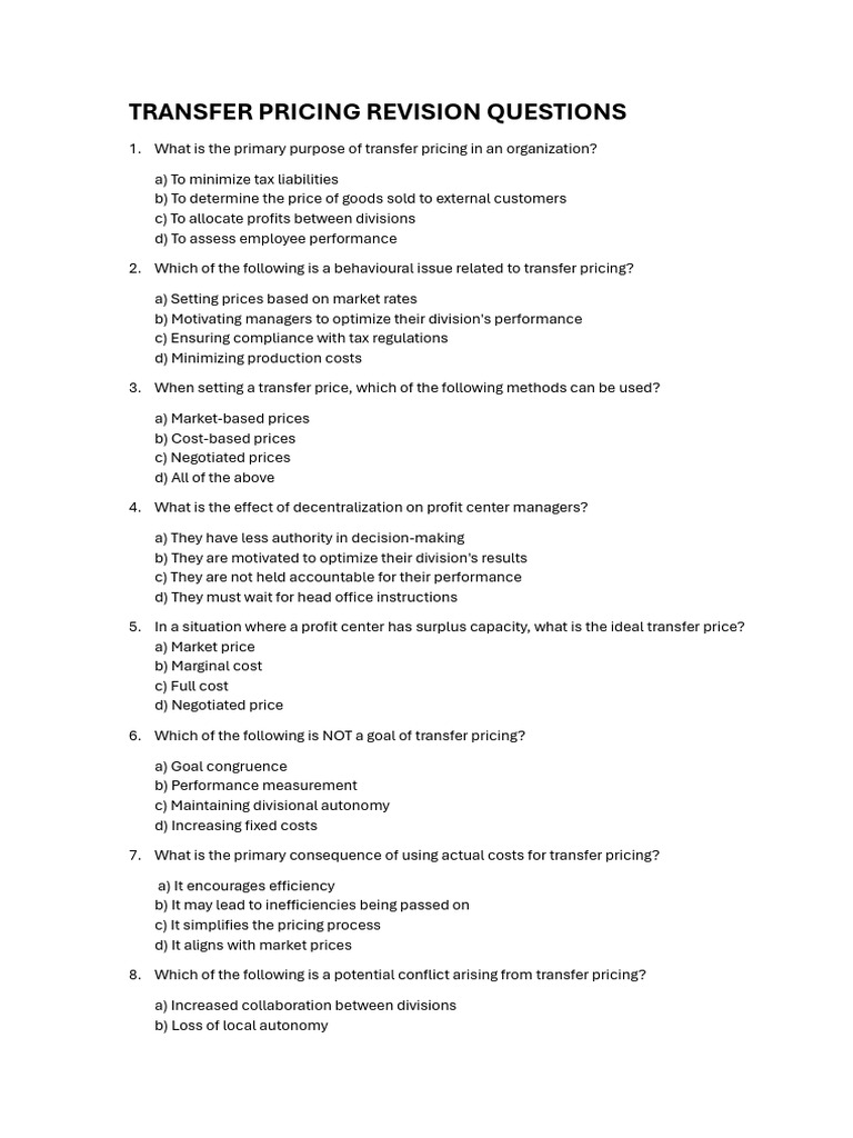 Transfer Pricing Questions and Calculations | PDF | Profit (Economics ...
