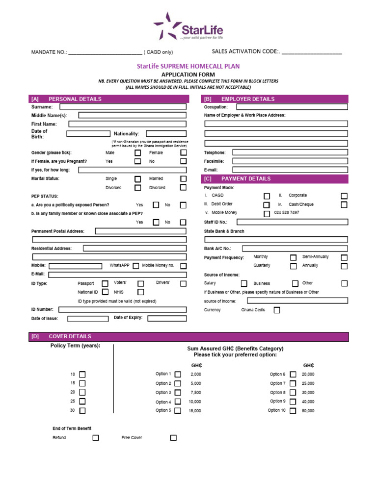 StarLife Supreme Homecall Application Form | PDF