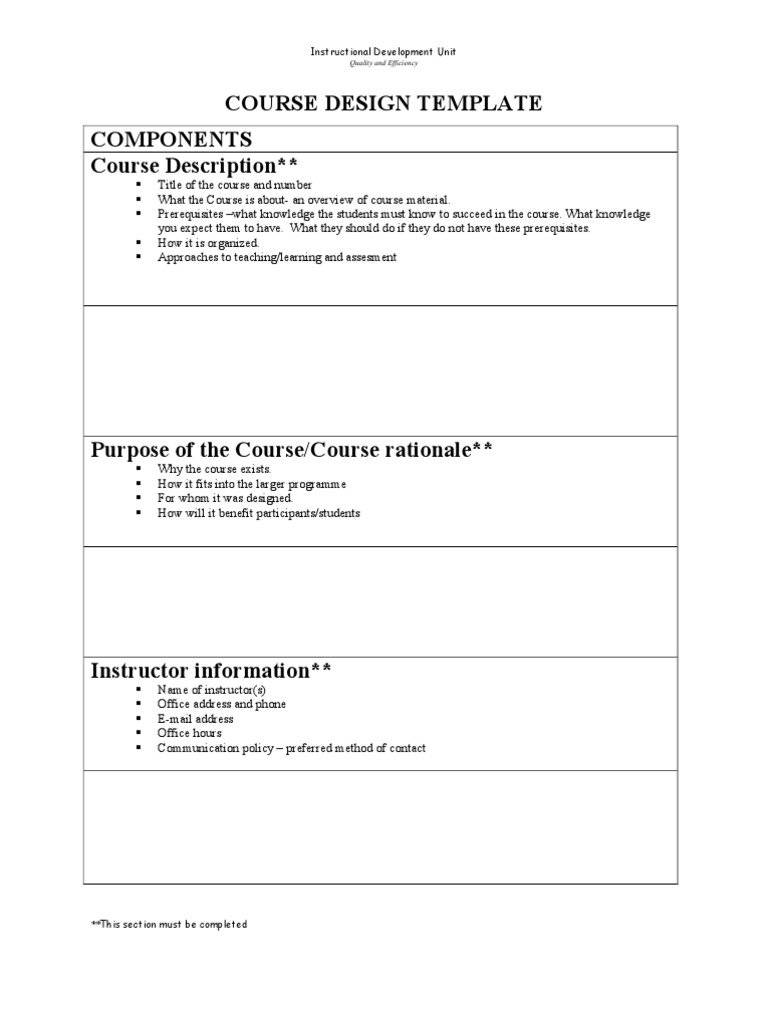 Course Design Template Components Course Description : Instructional ...