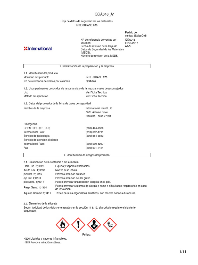 Hoja de Seguridad INTERTHANE 870 | PDF | Alergia | Agua