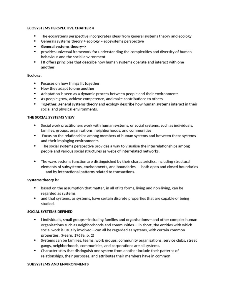 Ecosystems Perspective in Social Work | PDF | System | Systems Theory