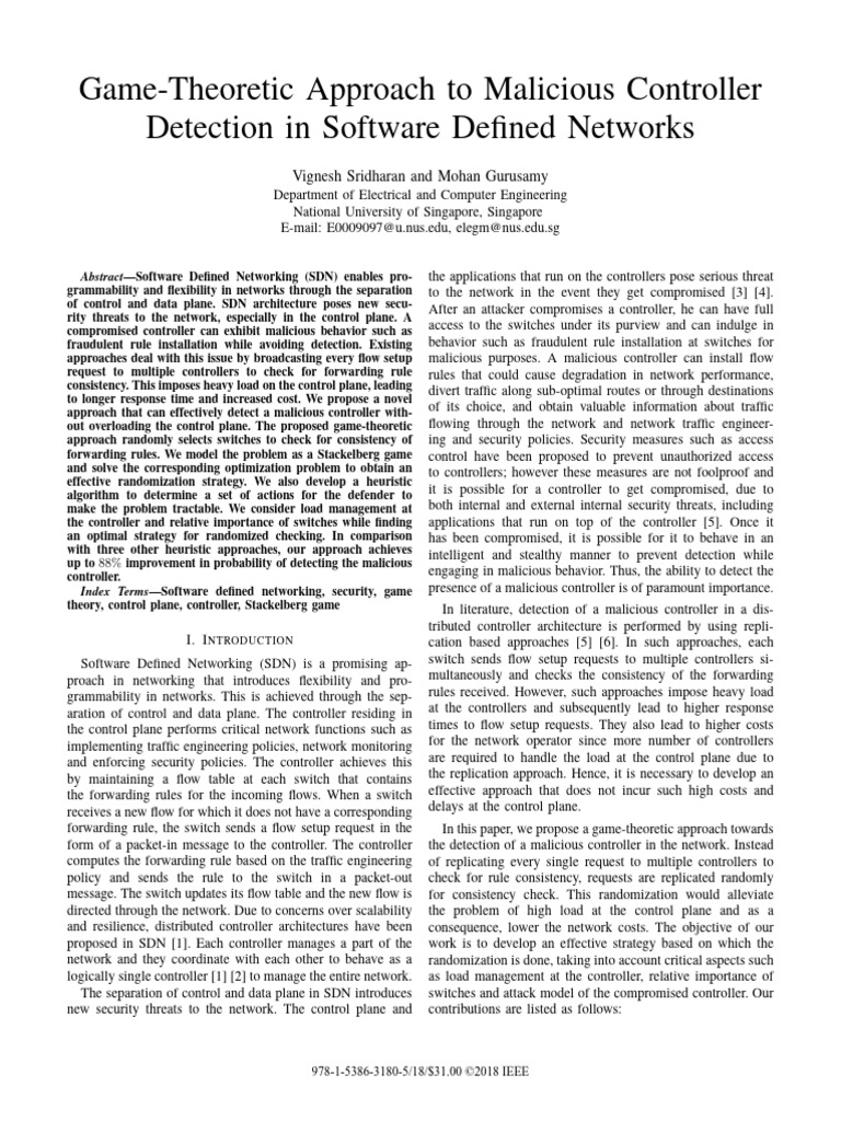 Game Theory for Malicious Controller Detection | PDF | Computer Network ...