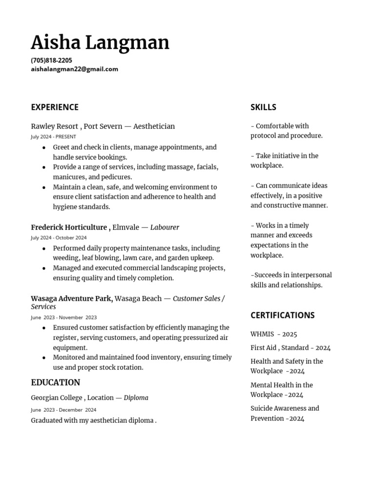 Aisha Langman: Aesthetician Resume | PDF