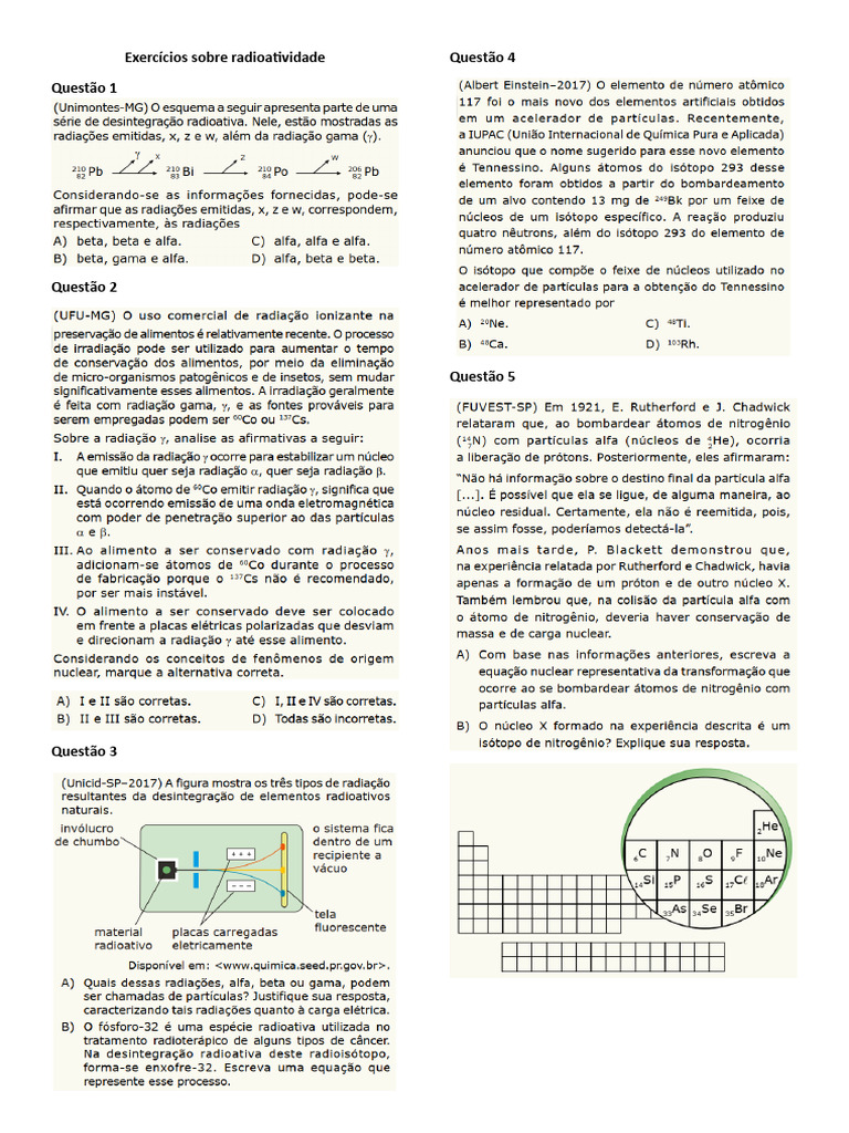 Exercícios de Radioatividade para Estudo | PDF