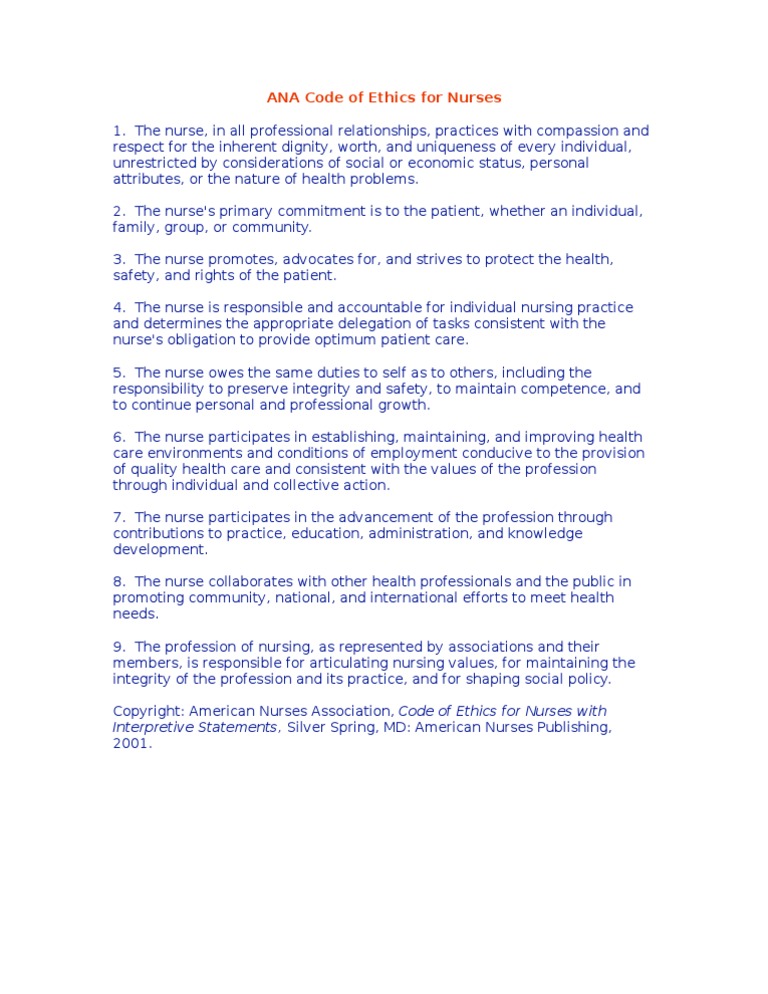 ANA Code of Ethics for Nurses