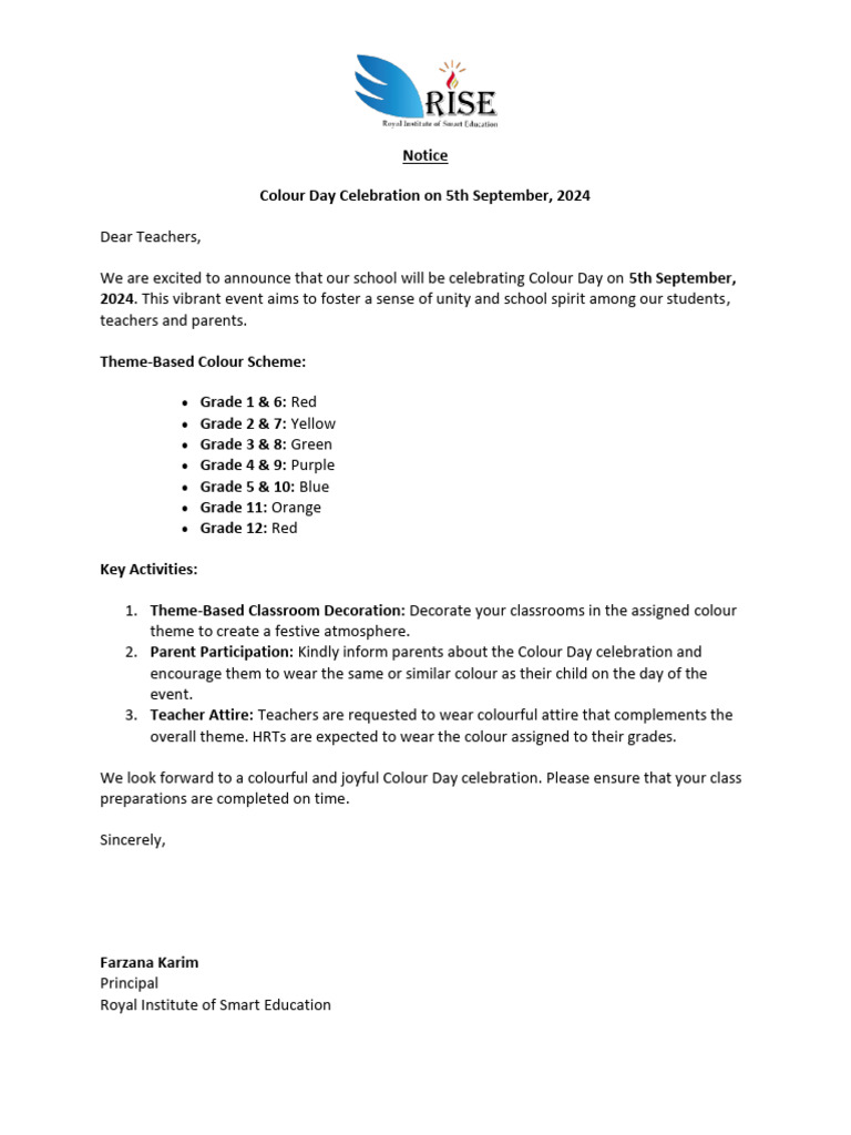 Colour Day Celebration Notice 2024 | PDF