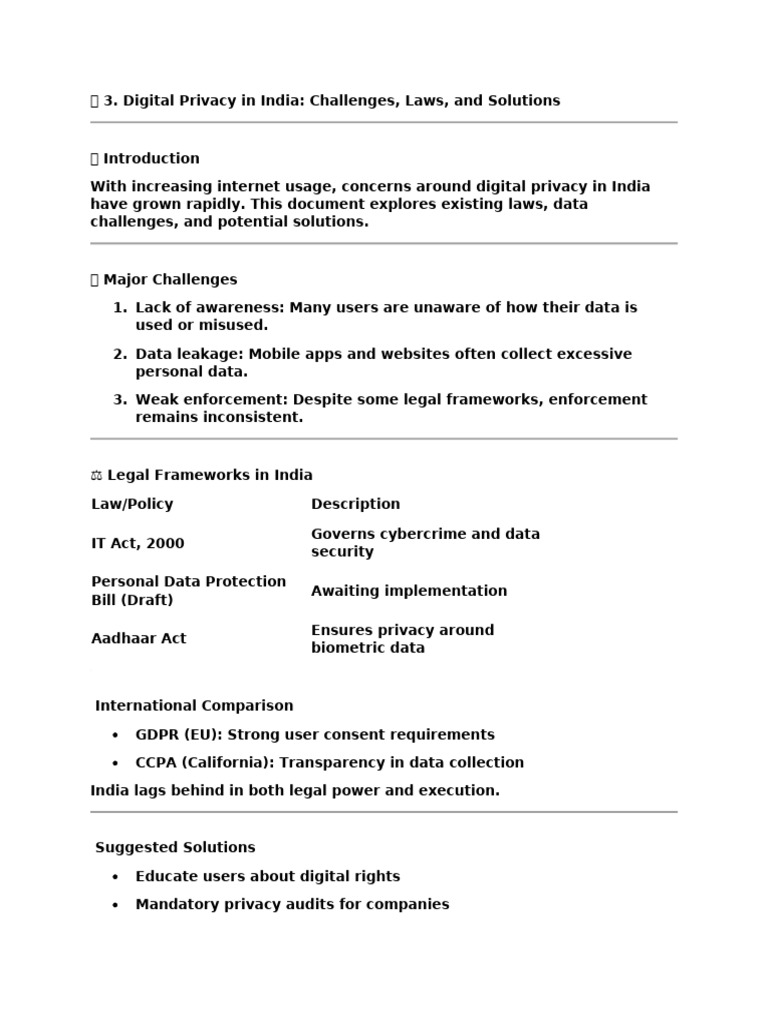 Digital Privacy in India Challenges, Laws, and Solutions | PDF