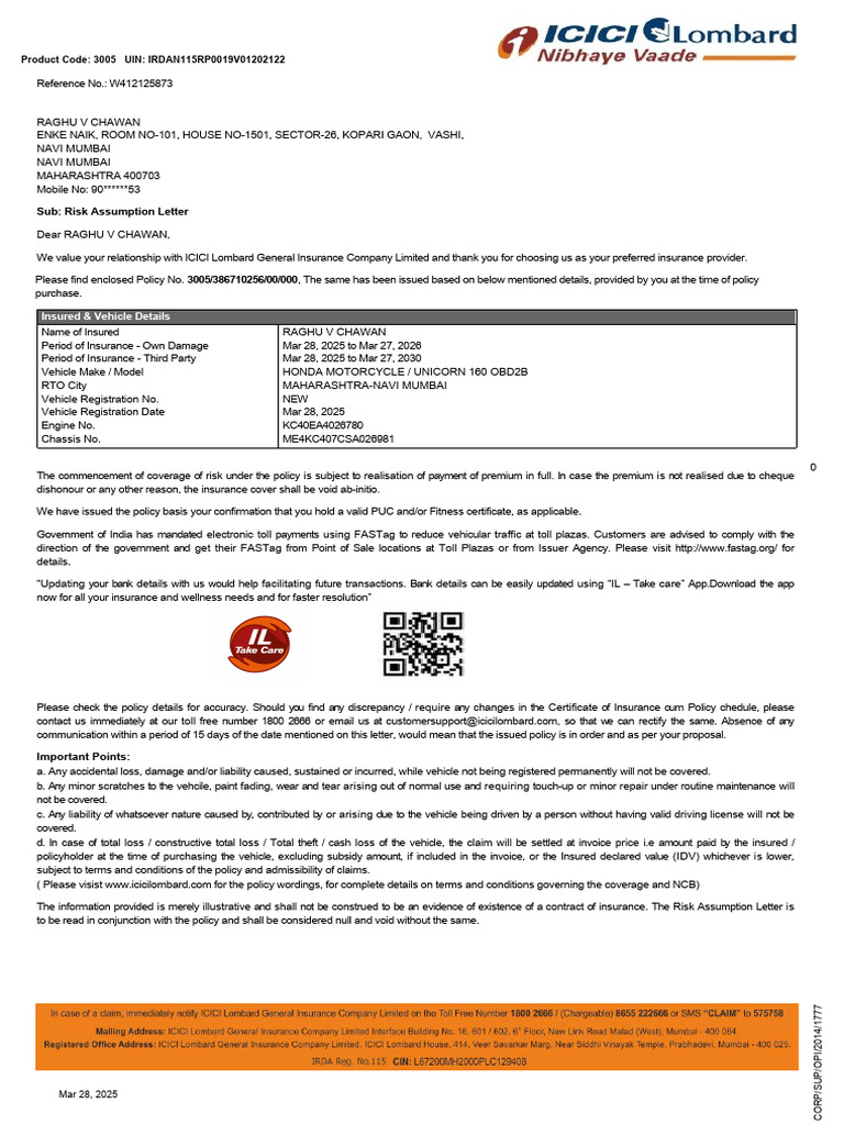 ICICI Lombard Risk Assumption Letter | PDF | Insurance | Pro Rata