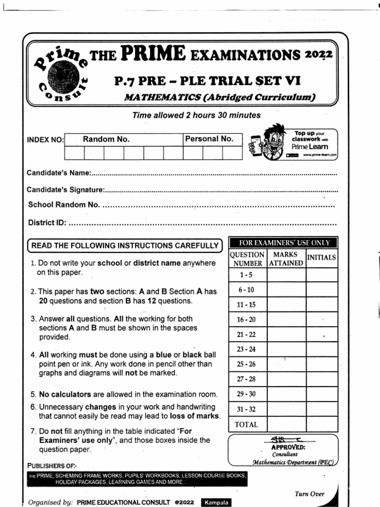 Prime Mathematics Pre-PLE Trial 2022 | PDF