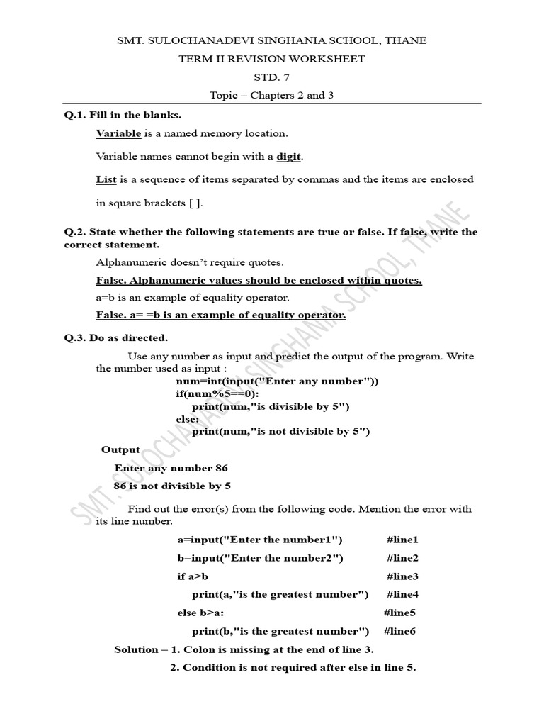 STD 7 Term 2 Revision Worksheet Solution | PDF | Python (Programming ...