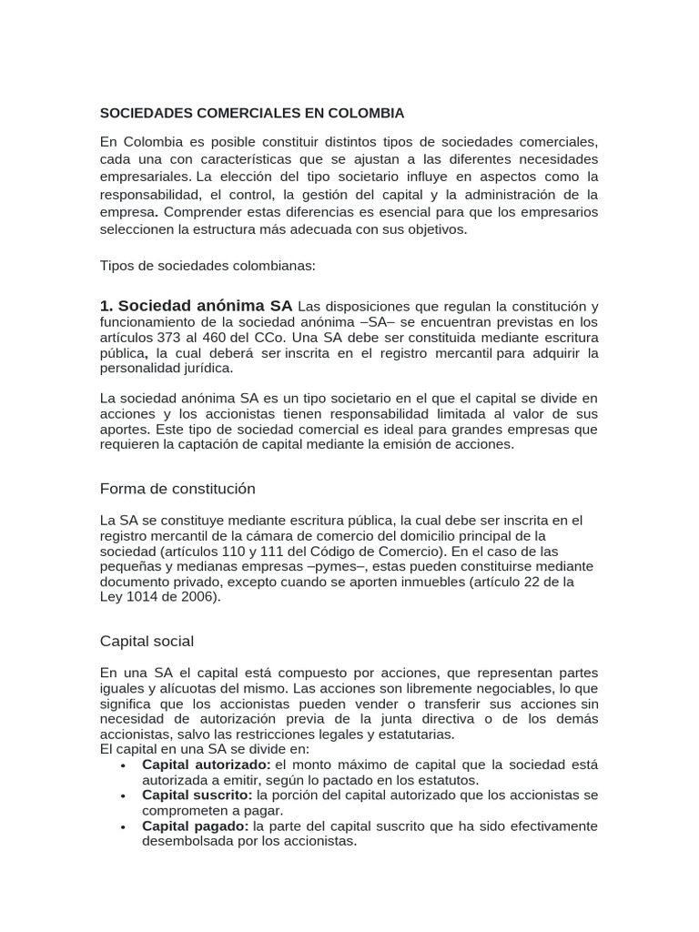 Tipos de Sociedades Comerciales en Colombia | PDF | Sociedad de ...