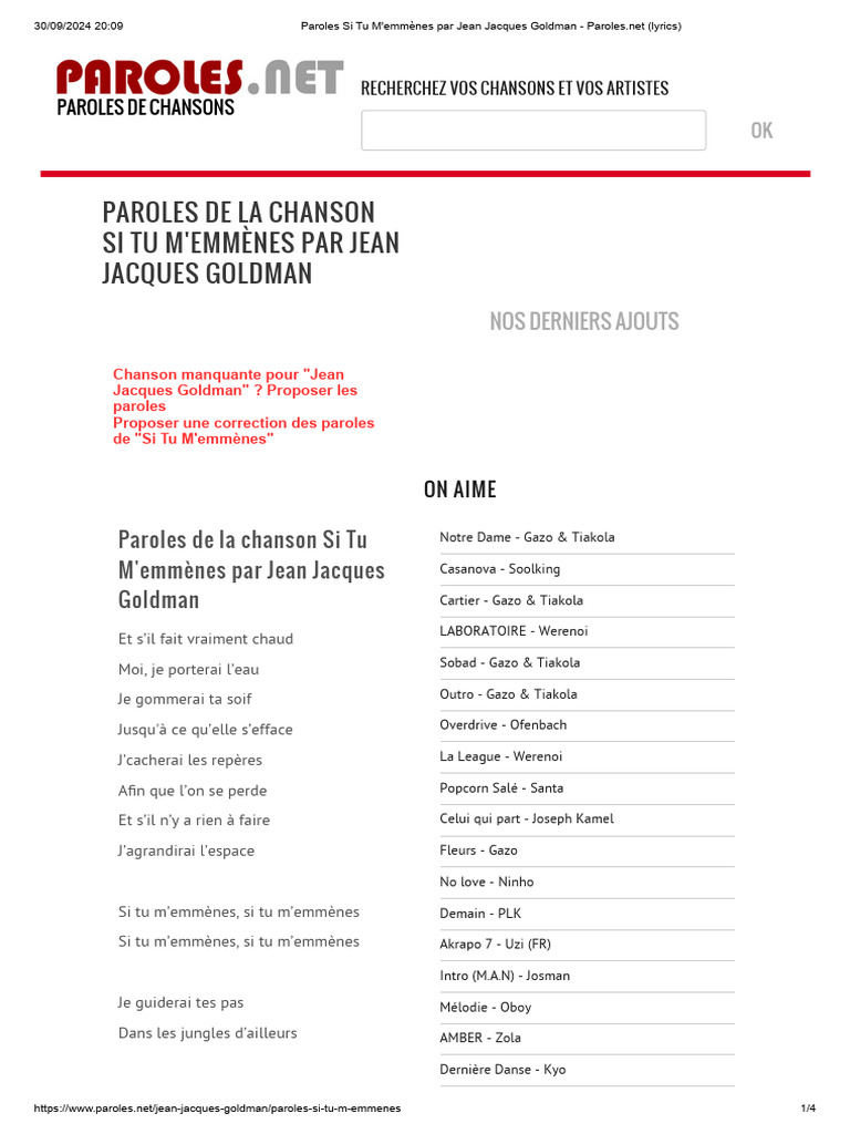 Paroles Si Tu M'emmènes Par Jean Jacques Goldman - Paroles - Net ...