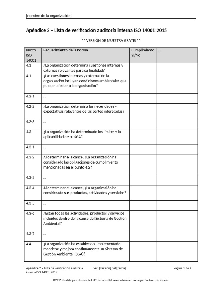 18.2 AP 2 Lista Verificacion Auditoria Interna ISO 14001 Integrated ...
