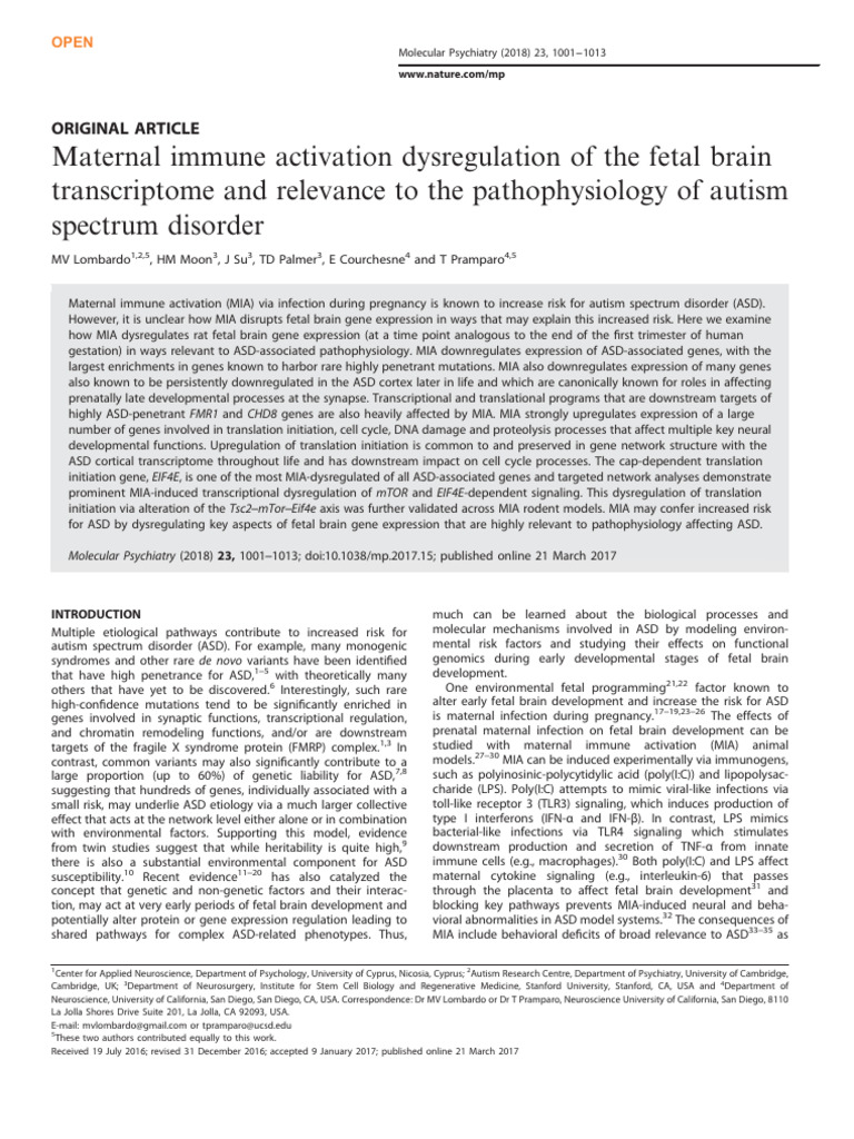 Maternal Immune Activation and Autism Risk | PDF | Complementary Dna ...
