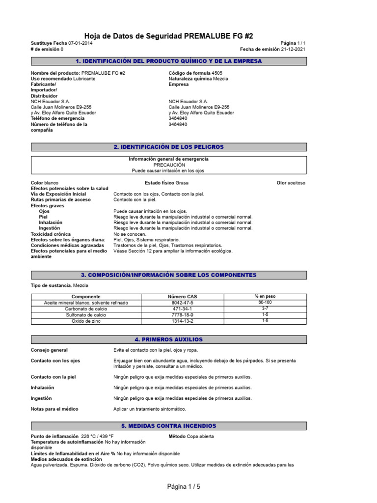 Hoja de Seguridad Premalube FG #2 | PDF | Química