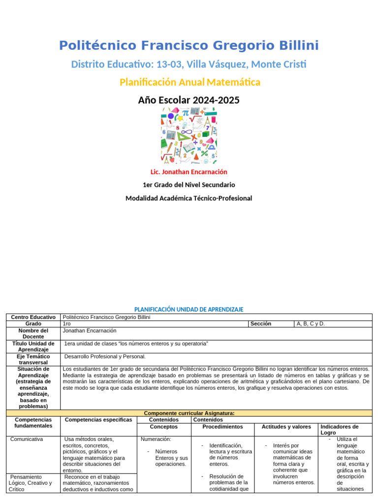 Planificación Matemática 1er Grado 2024-2025 | PDF | Aprendizaje ...