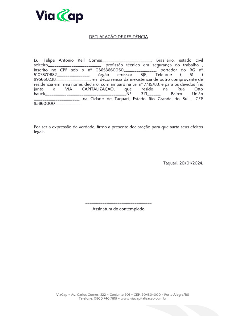 Via Cap - Termo de Declaração de Residência | PDF