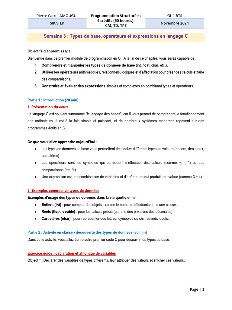 Introduction au langage C : Types et Opérateurs | PDF | Stock ...