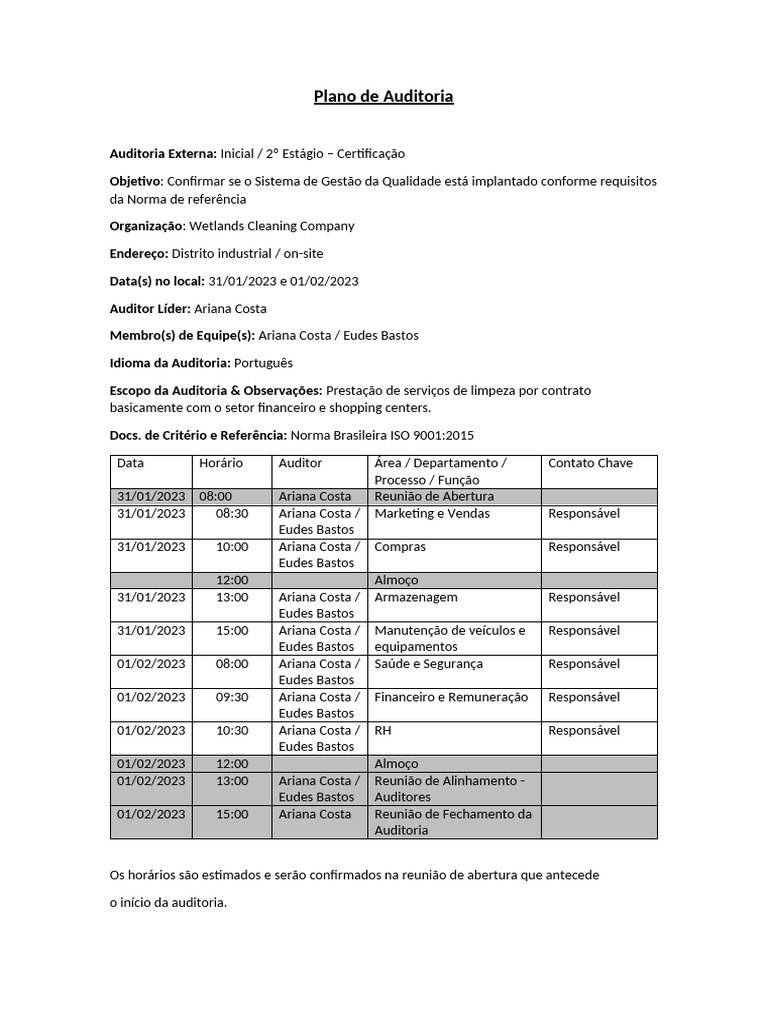 Plano de Auditoria ISO 9001:2015 | PDF | Economias | Business