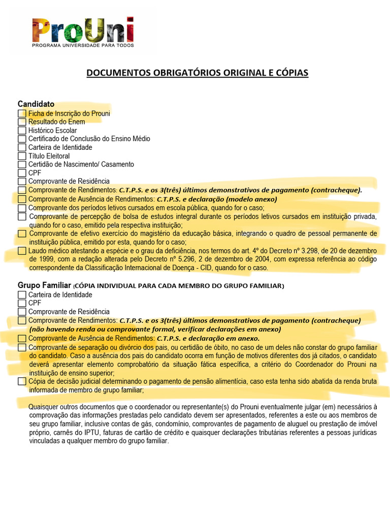Documentos Necessários para Prouni | PDF