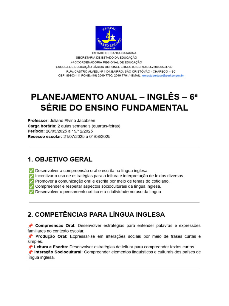 Planejamento Anual de Inglês 6ª Série | PDF | Linguística | Língua inglesa